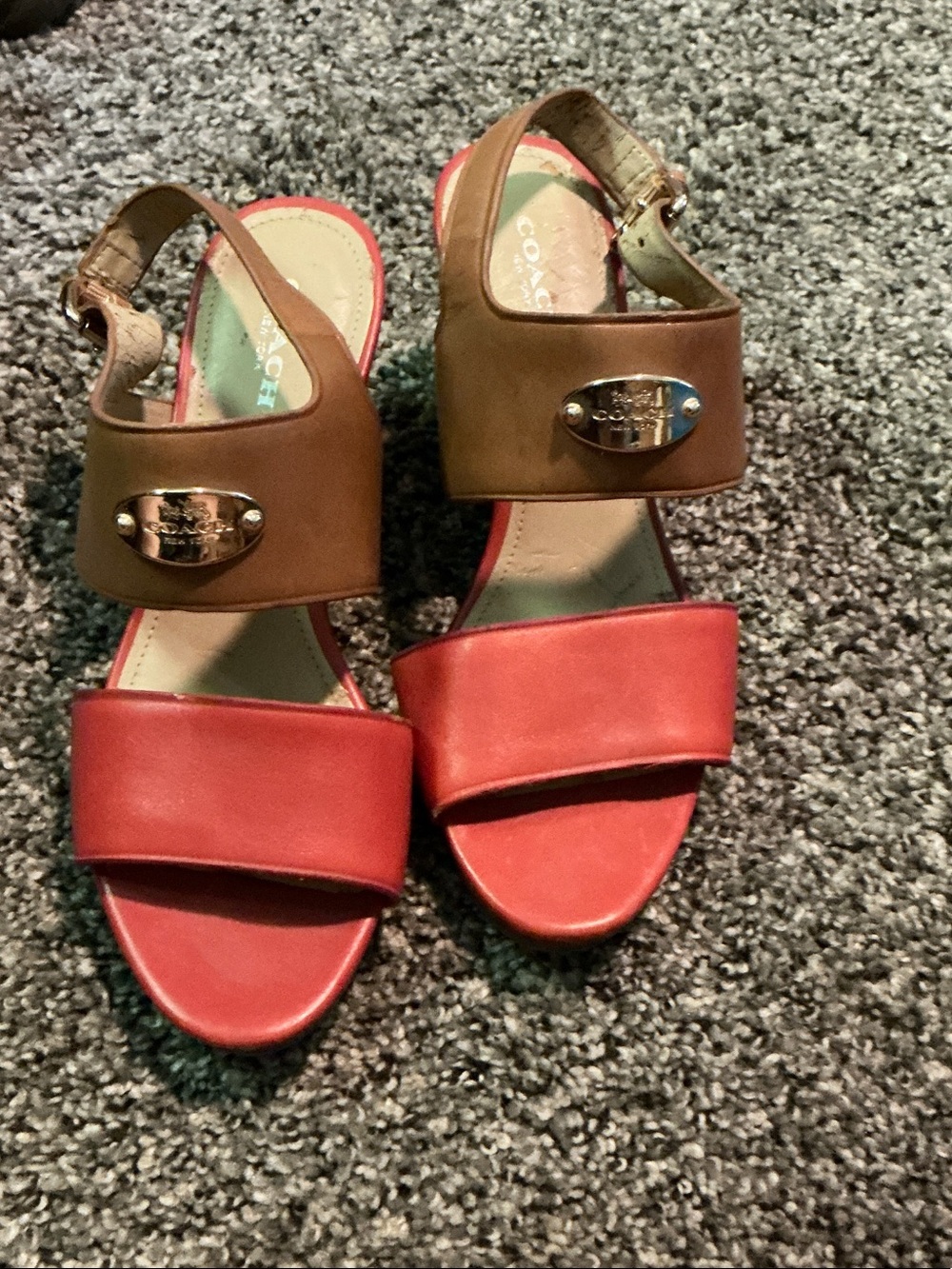 Coach Red and Brown Leather Logo Strap Block Heel Sandals